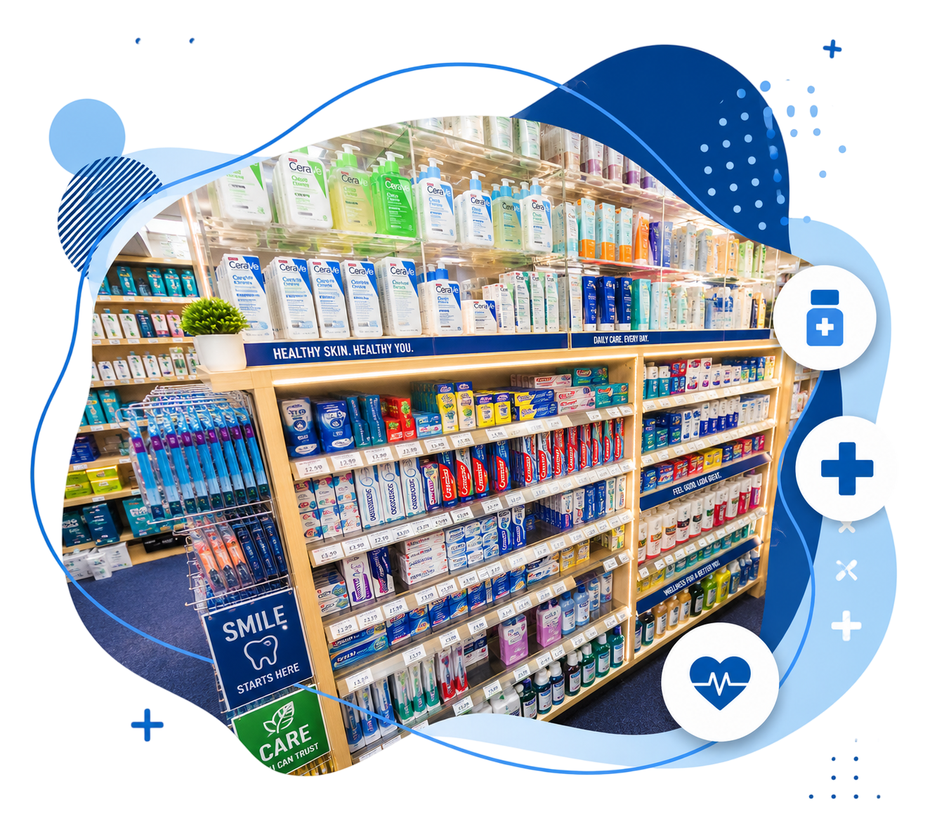 Pharmacy shelves stocked with healthcare products